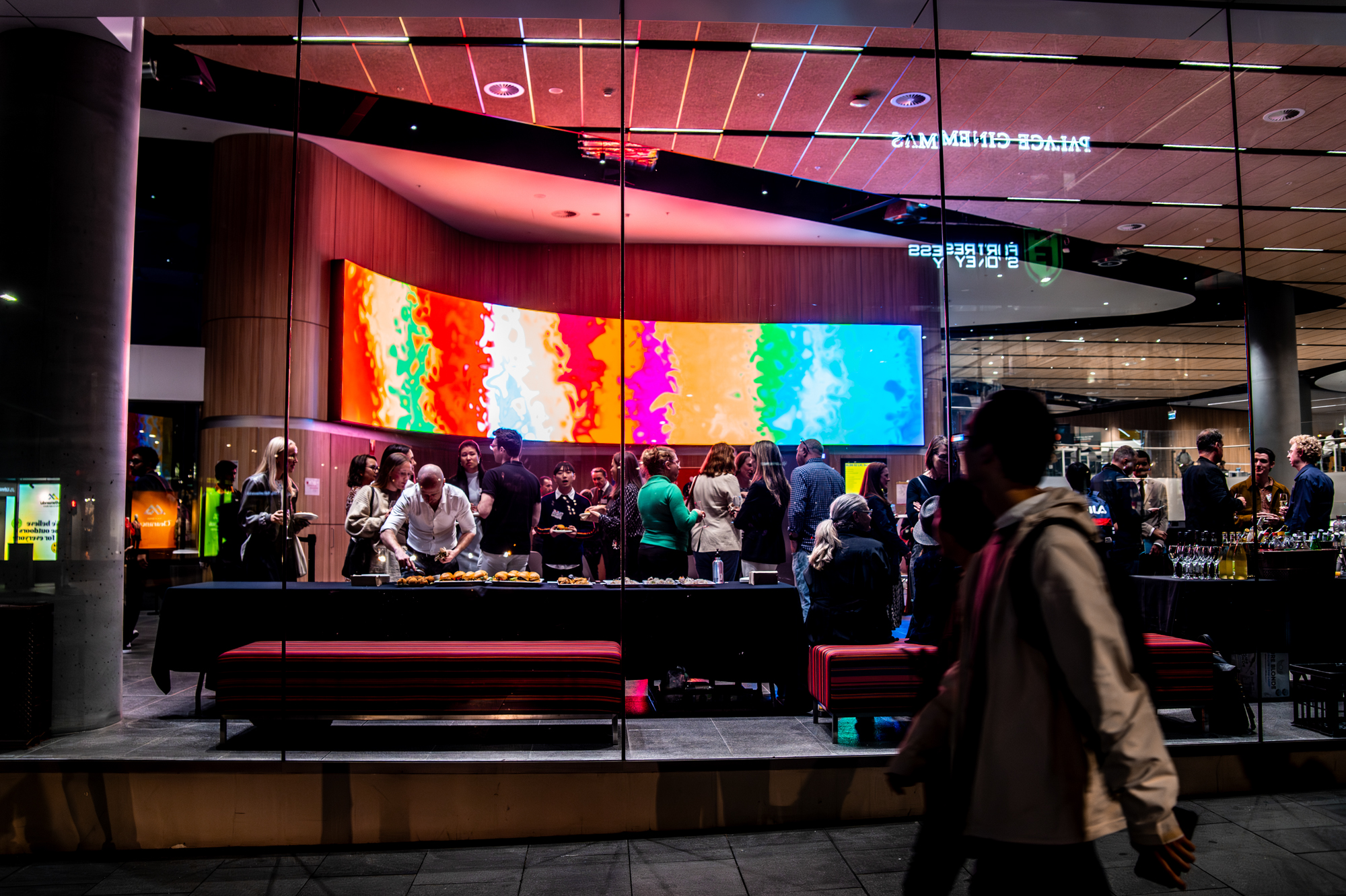 Exterior photo of UTS Building 2 Foyer Art screen displaying artwork by Joe Dullard